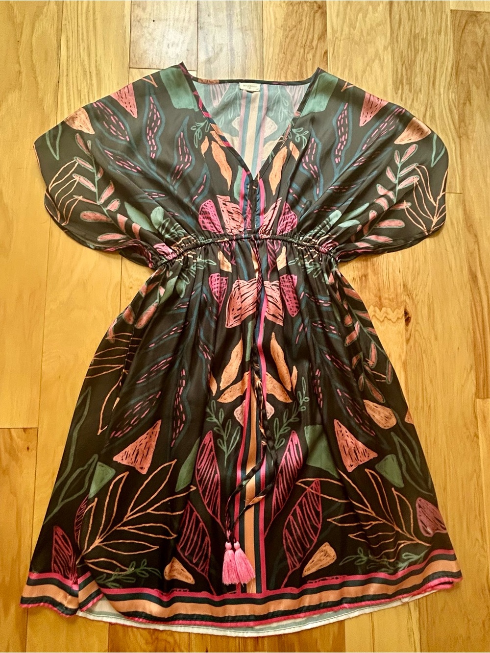Cost Plus World Market Black Dress with Pink and Green Floral Print